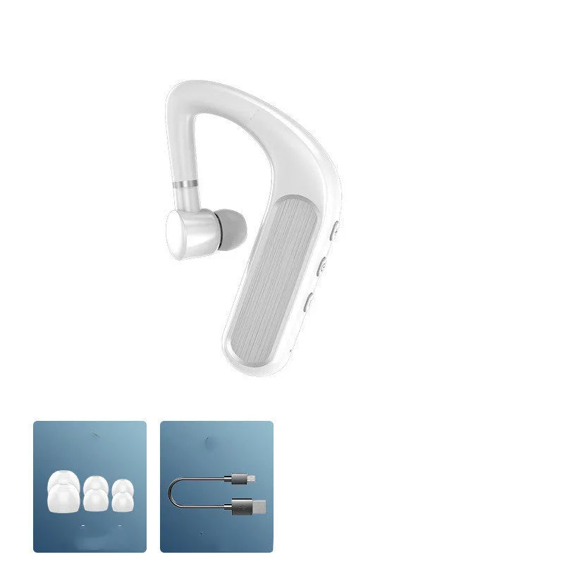 Black Bluetooth earphones with a hanging-ear design and multiple silicone ear caps, shown alongside a charging case.