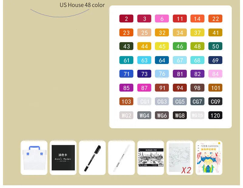 48 colourful oily soft-tip markers with square barrels arranged in set for hand-painted design projects