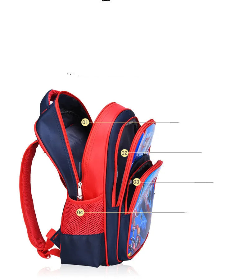 Blue cartoon-print children's school backpack with pencil case on a strap.