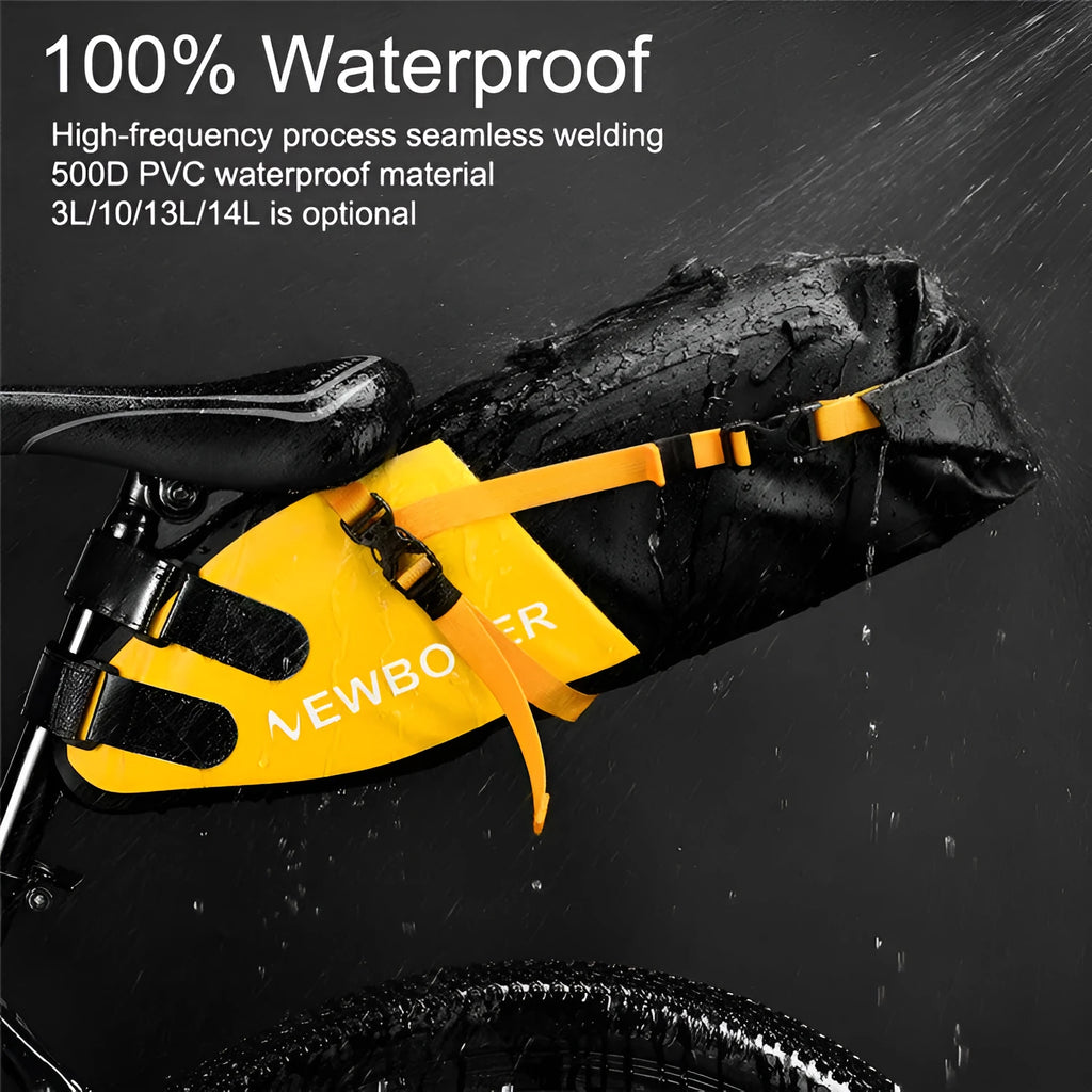 Yellow, black, and green 13-litre waterproof PVC bike tail bag mounted on a bicycle rear rack.
