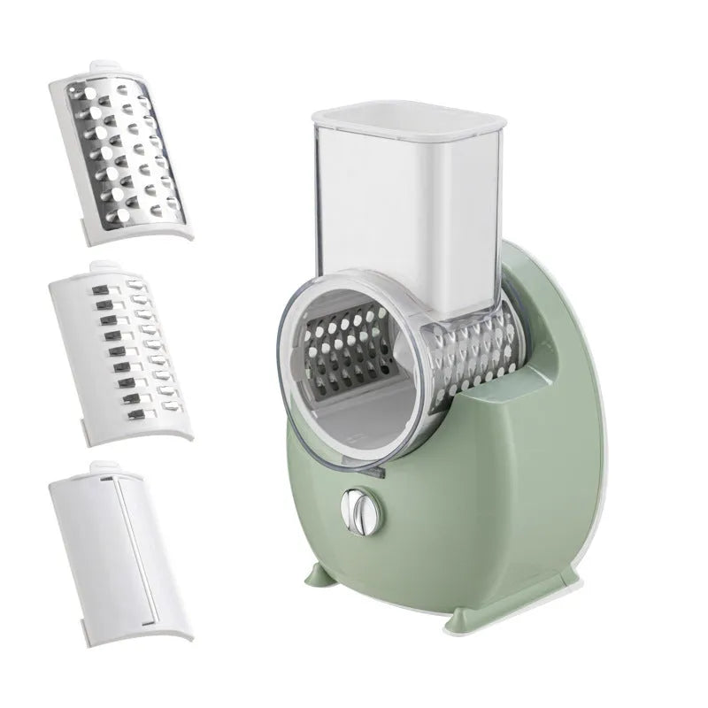 White electric vegetable slicer with rotary grater mechanism and suction base