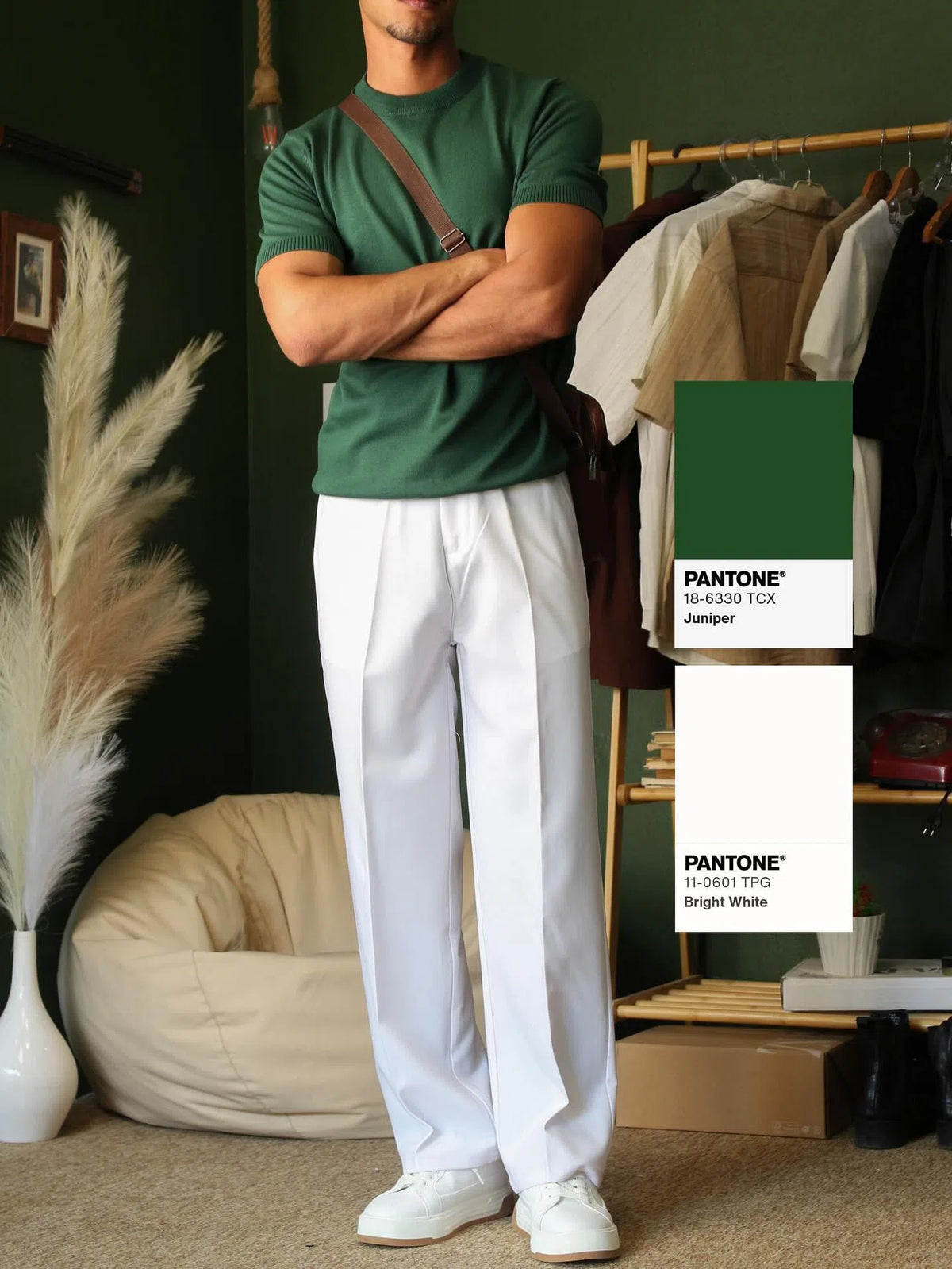 High waist full-length white polyester trousers in regular fit, sizes S to 2XL