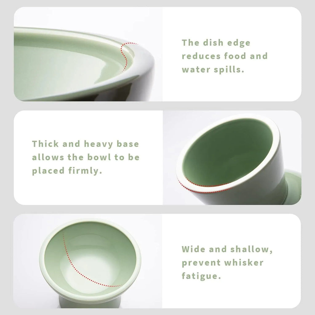 Elevated ceramic cat bowl in blue with wide shallow dish on weighted base