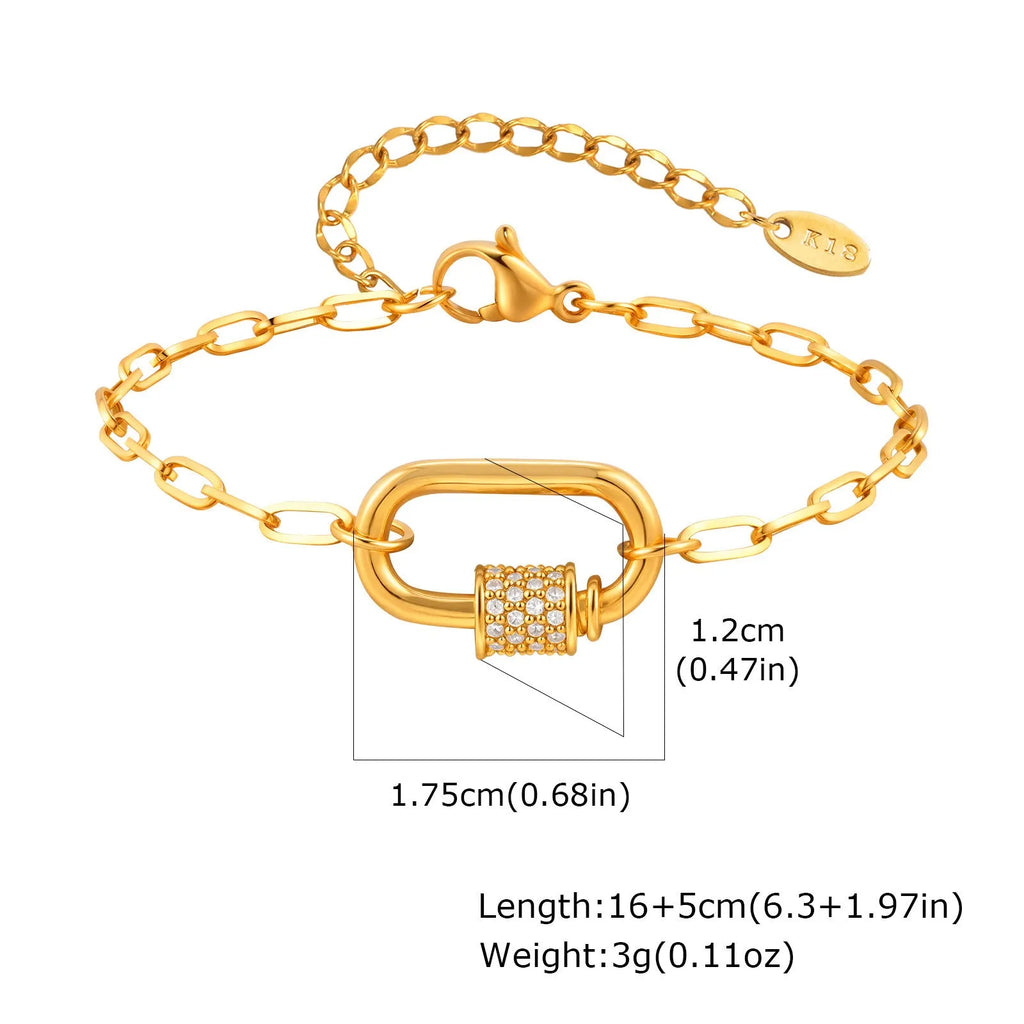 Gold electroplated stainless steel small square chain necklace with oval zircon pendant on a light background