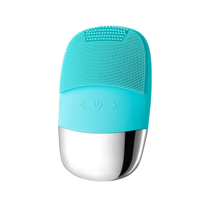 Silicone electric facial cleanser brush with ultrasonic vibration and 3 gears, shown in Lake Blue and Cherry Blossom Powder