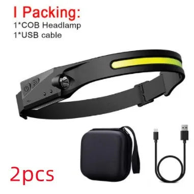 Black USB rechargeable headlamp with a wide COB LED lens and a side wave sensor on the headband.