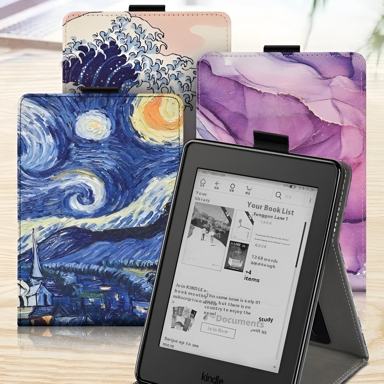 Kindle protective case with integrated hand strap in a choice of colours and printed designs.