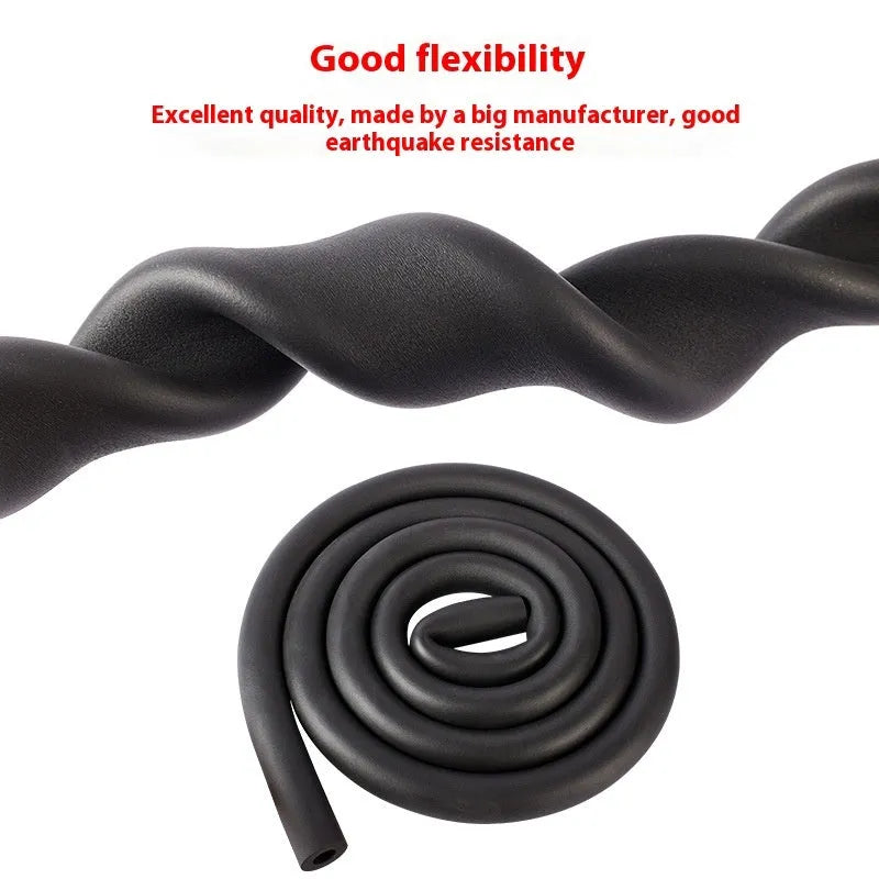 Self-adhesive rubber and plastic foam pipe insulation tube on a coil of pipe.