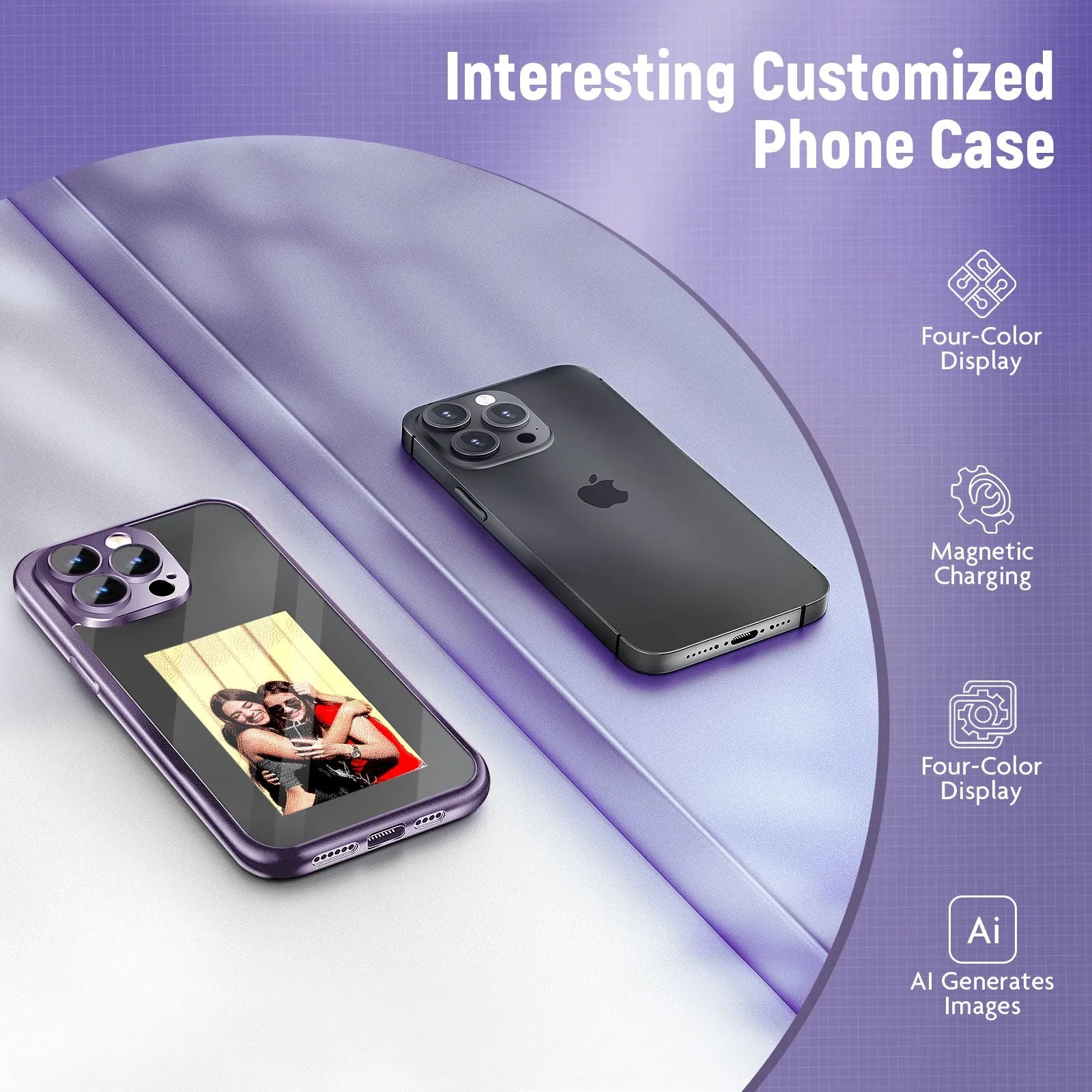 Black iPhone 15 Pro Max flip case with NFC ink screen for custom designs