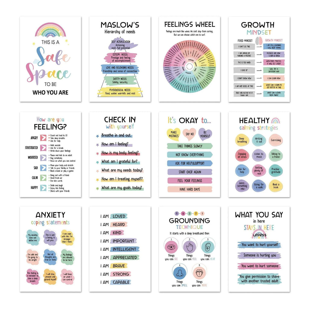 Set of 12 mental health posters on coated paper with bright film finish, 255x355mm each, with glue dots