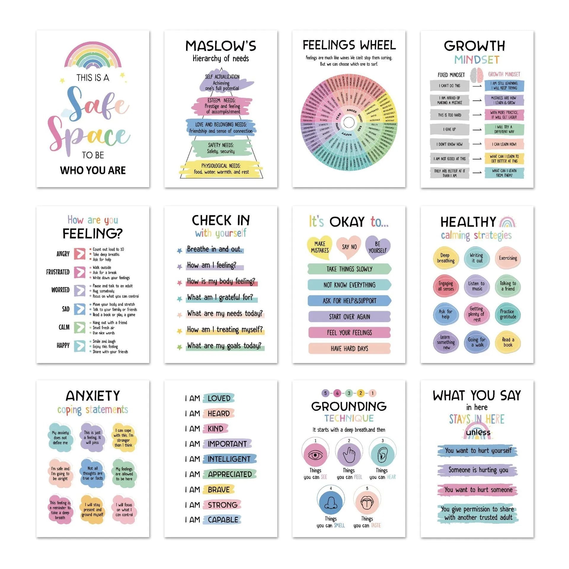 Set of 12 mental health posters on coated paper with bright film finish, 255x355mm each, with glue dots