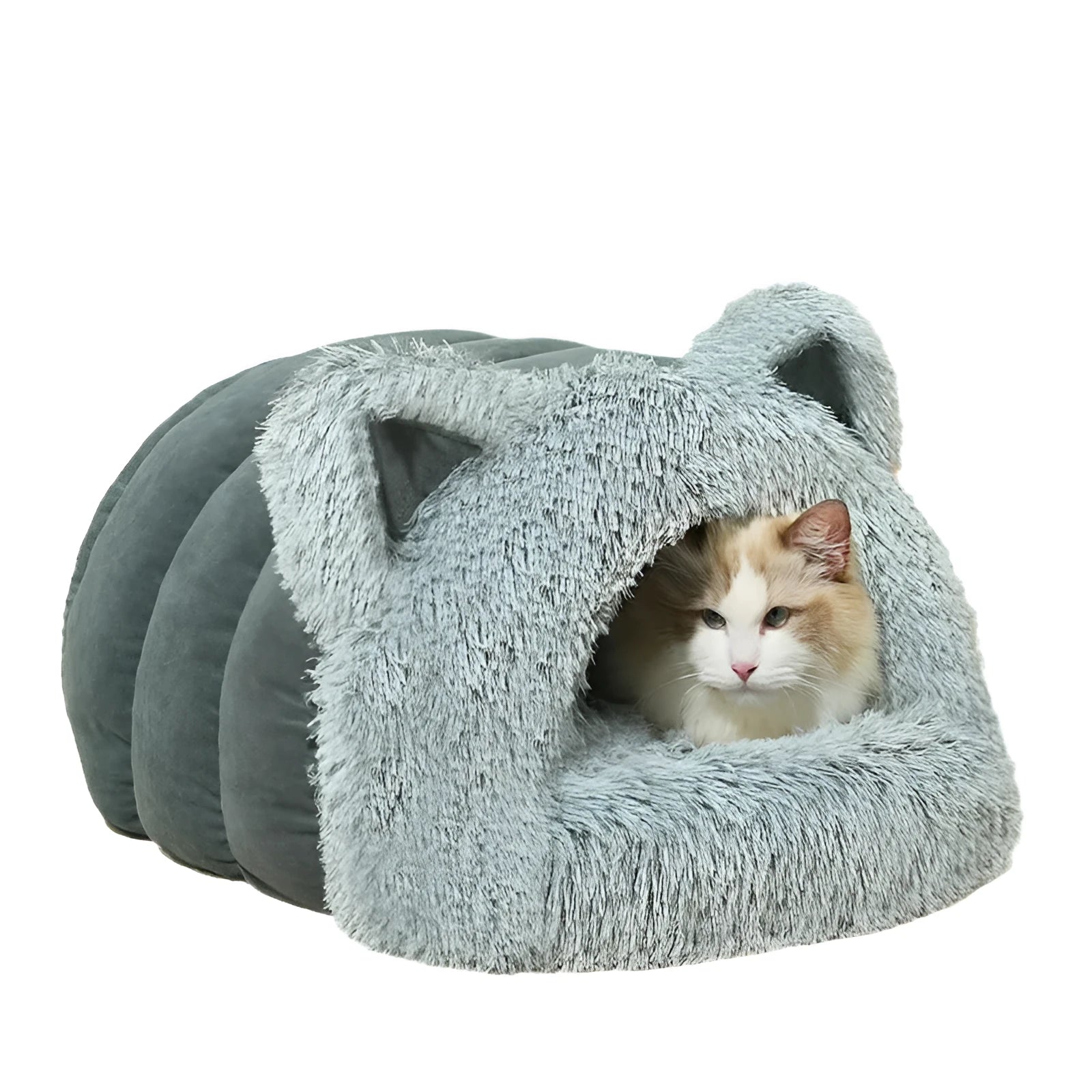 Plush cat dog bed with cat ears decoration and collar in blue gray available in sizes M and L