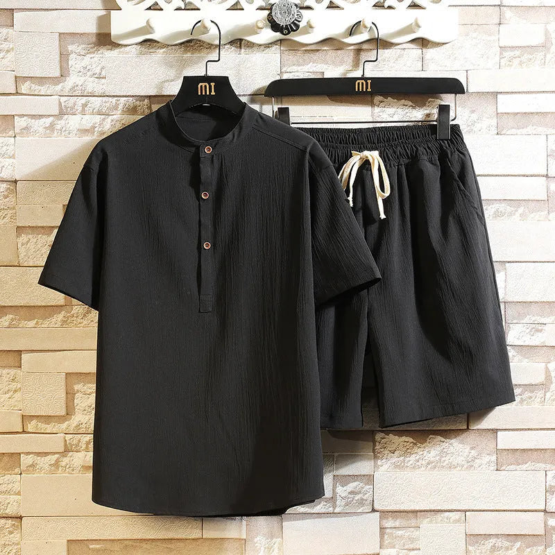 Chinese style two-piece suit with stand collar and short sleeves in a relaxed fit for summer leisure wear