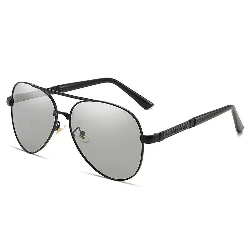 Men’s polarized metal sunglasses with grey lenses, black frame and dragon phoenix detail