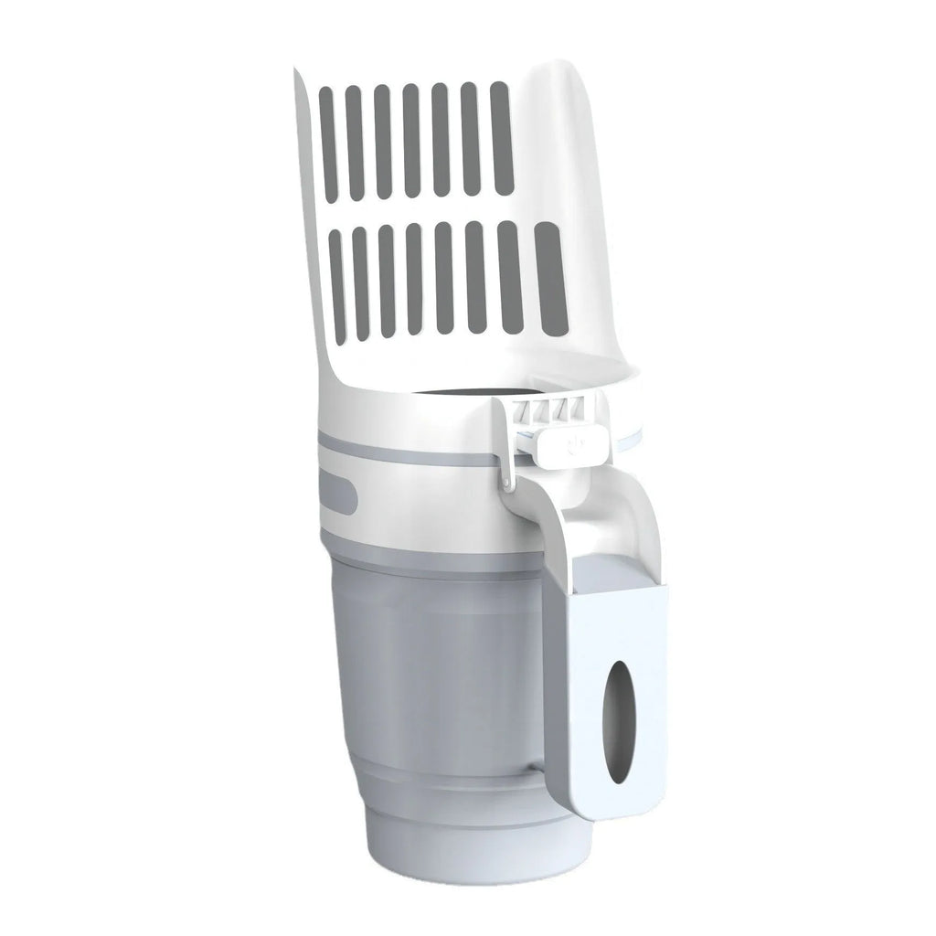 Self-cleaning cat litter scoop system with waste bin in grey colour showing foldable bottom design