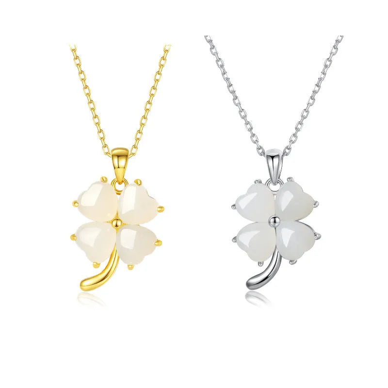 S925 sterling silver four-leaf clover necklace with Hetian jade leaf pendant and O-shaped chain in gold or white gold colour