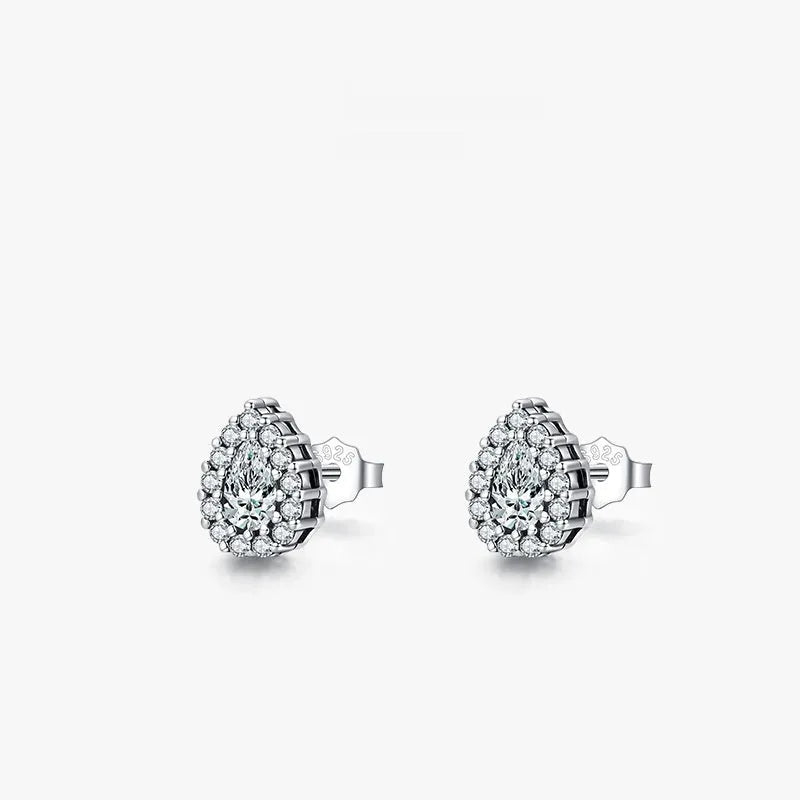 Women's silver water drop ear studs with diamond treatment on 925 sterling silver