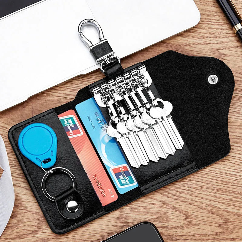 Men's genuine leather keycard holder with key fob in square Korean-style design
