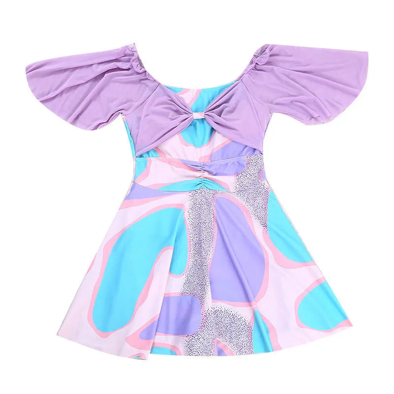 Light purple floral high-waist one-piece skirt swimsuit for women.
