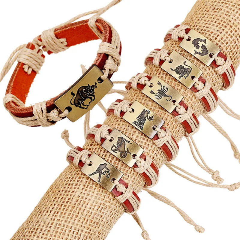 12 constellation alloy bracelet set with copper leather and braided hemp rope on a neutral background