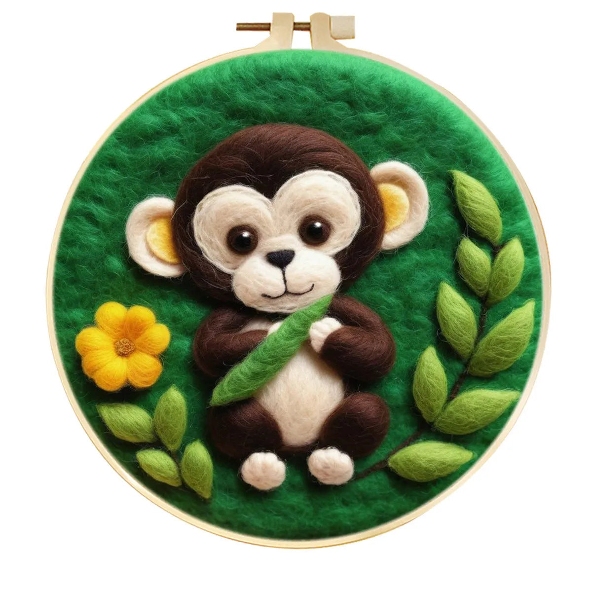 Round linen embroidery frame with wool felt floral decoration kit for three-dimensional wall art