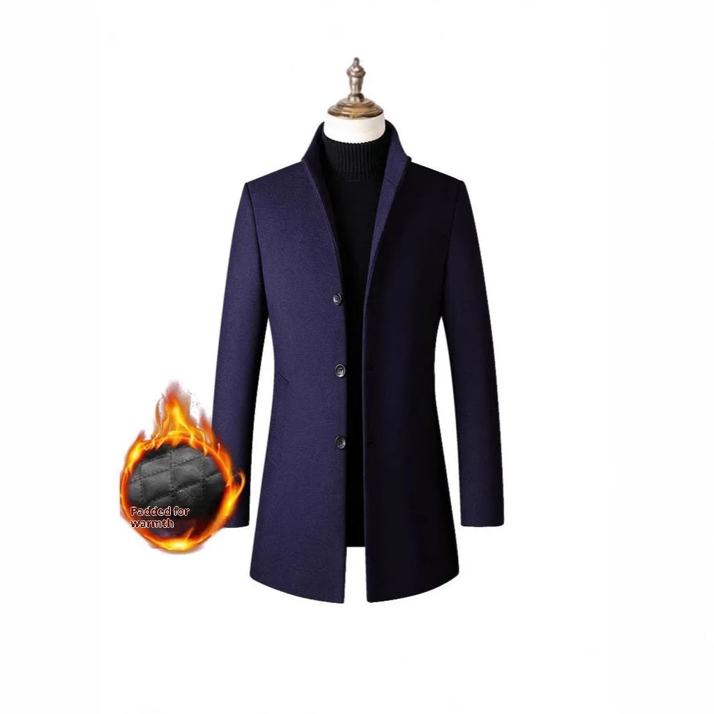 Men's single-breasted stand collar coat in solid colour with side pockets, wool-blend fabric, available in multiple colours and sizes