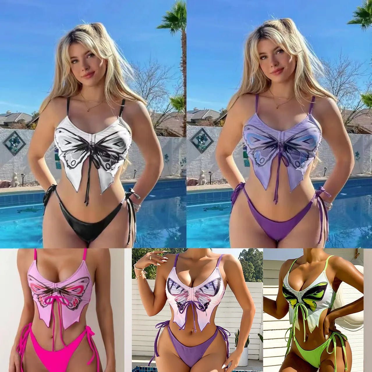 Women's purple split bikini swimsuit with bow detailing on the front, showing sleeveless top and briefs.