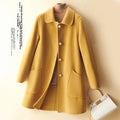 Women's double-faced wool coat with doll collar and pearl buckle in mid-length cut