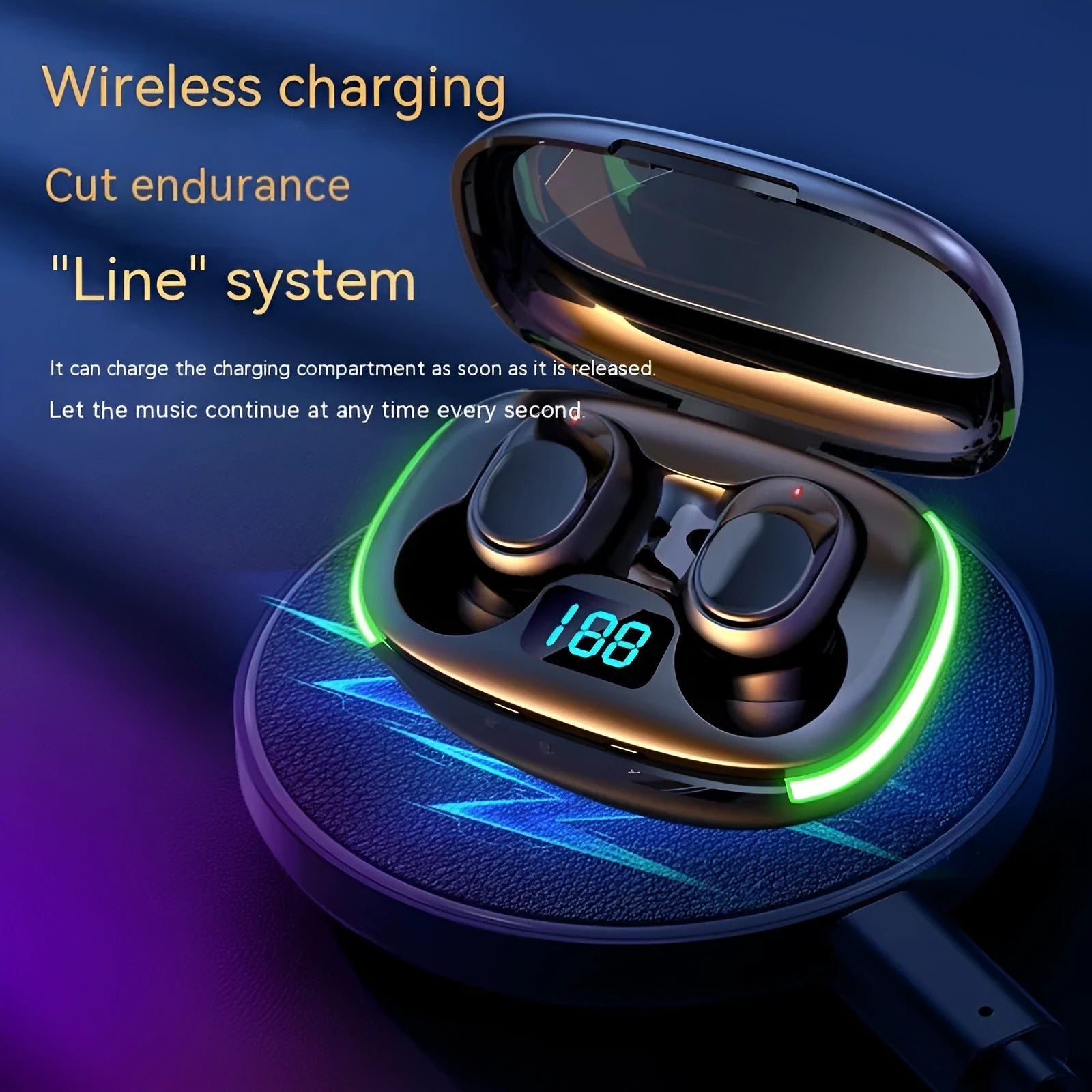 Black Y80 wireless Bluetooth in-ear earphones with digital display showing power level