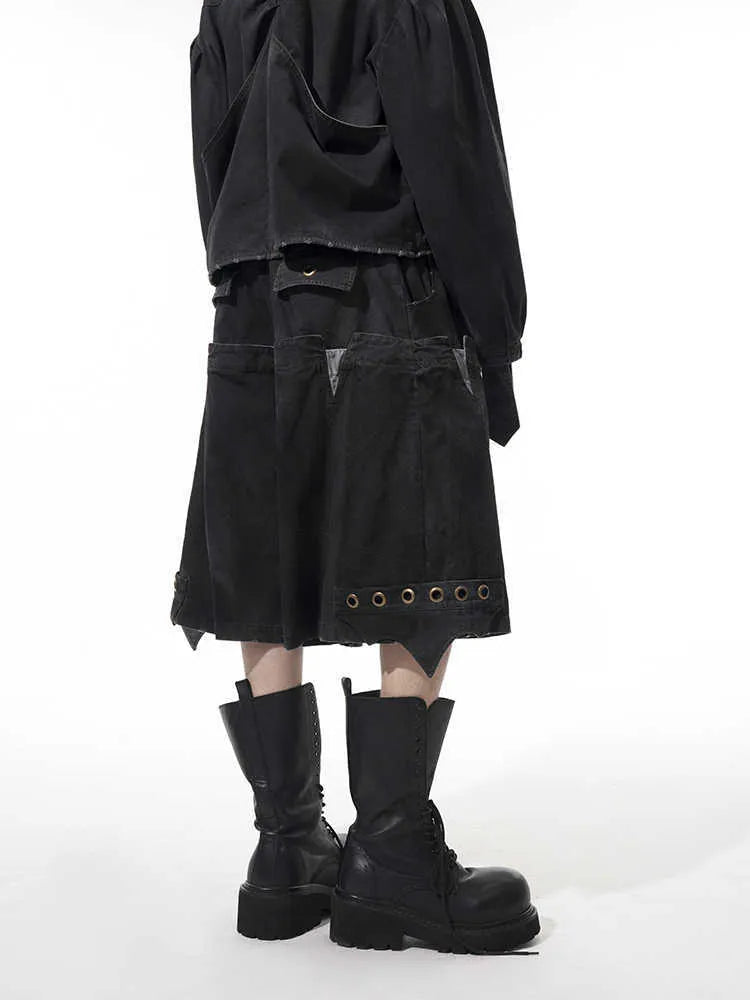 Men's black double waist loose cropped trousers with stitching detail and elastic waistband