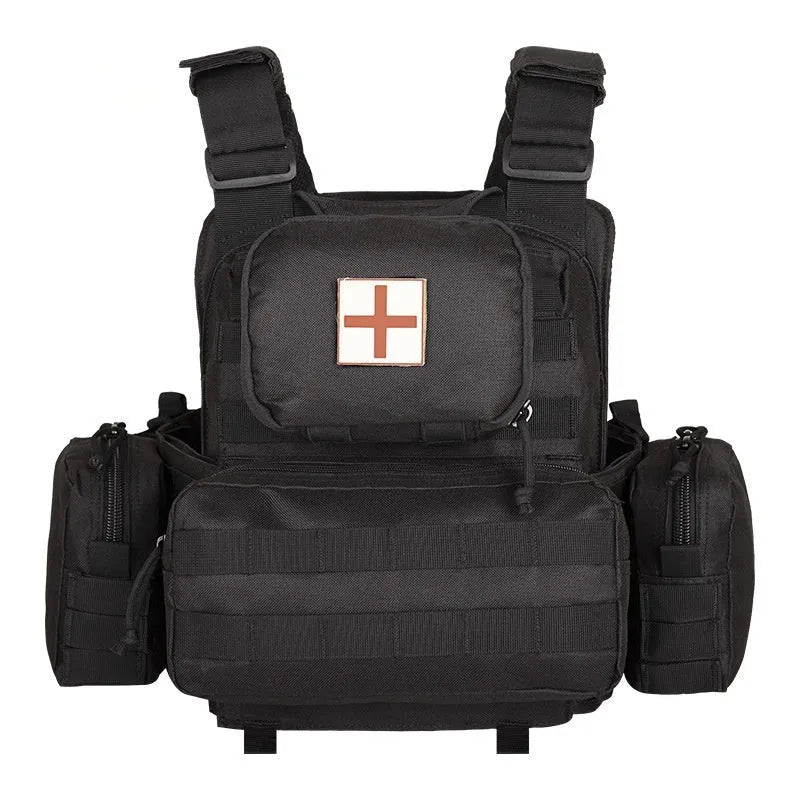 Men's camouflage polyester tactical vest shown in an army green colour, designed for outdoor training and shooting sports.