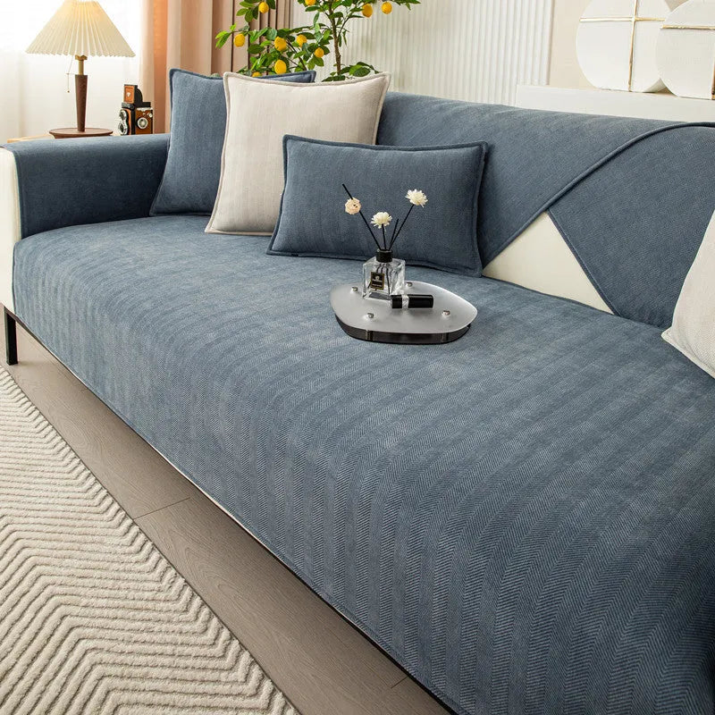 Thickened chenille sofa cover cloth towel in solid army green, beige, or haze blue, sizes 70x70cm to 110x240cm