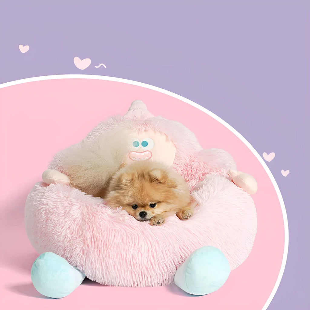 Grey raised-rim plush pet nest bed for a dog, showing thick sides and soft interior.