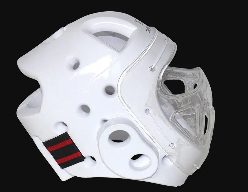 Karate helmet for boxing training in white, blue, or red colours with size options S, M, L, XL