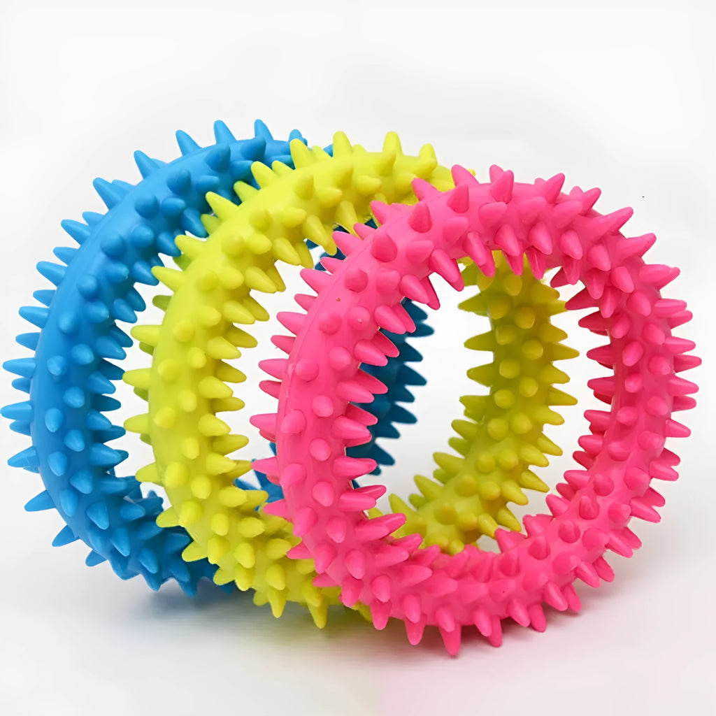 Blue TPR spiky ring dog chew toy for dental care and bite training, 9.5cm diameter.