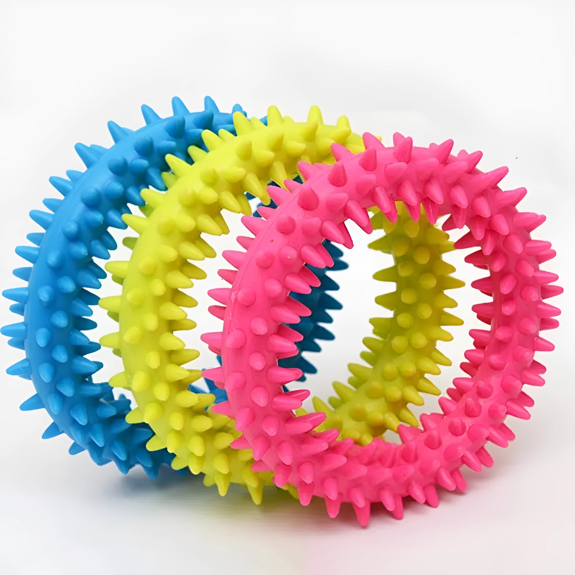 Blue TPR spiky ring dog chew toy for dental care and bite training, 9.5cm diameter.