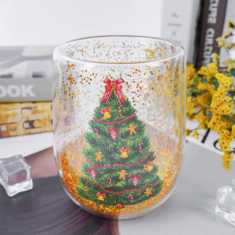 Double-layer Christmas tree glass tumbler with flowing sequins, borosilicate glass, 380ML capacity and 8.6cm x 11.8cm size