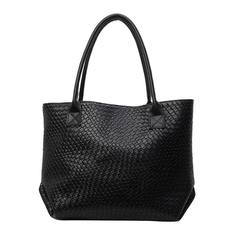 Woven PU shoulder bag for women in beige with double straps and medium-hard structure