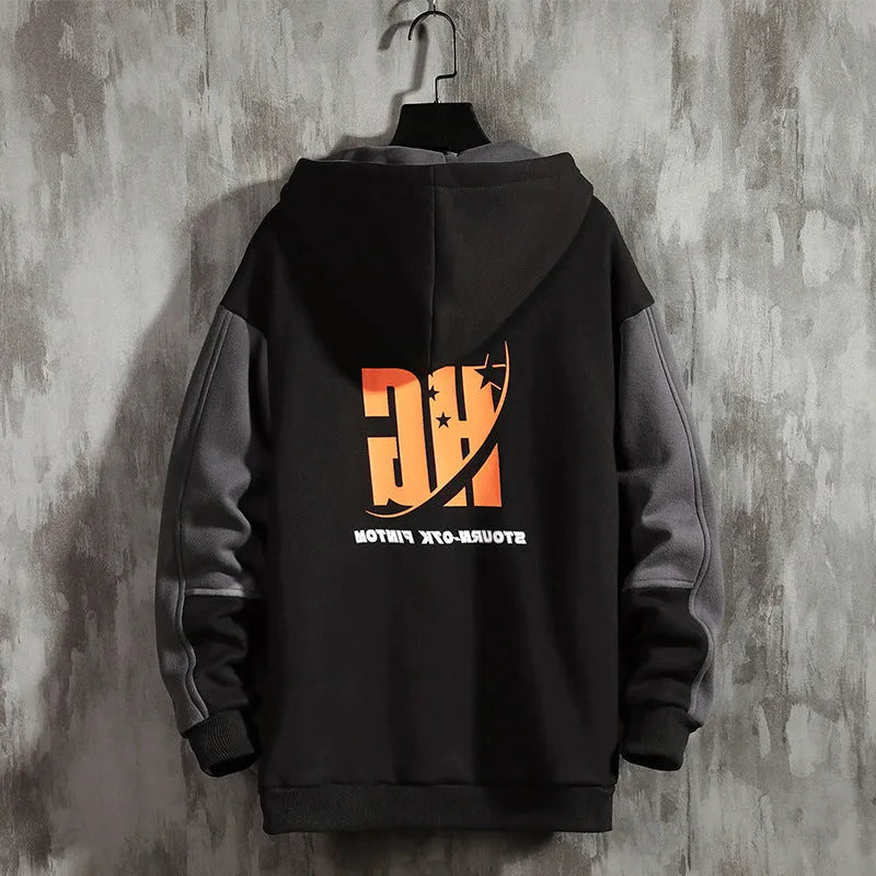 Men's Korean style fleece pullover hoodie in black with a hood and long sleeves