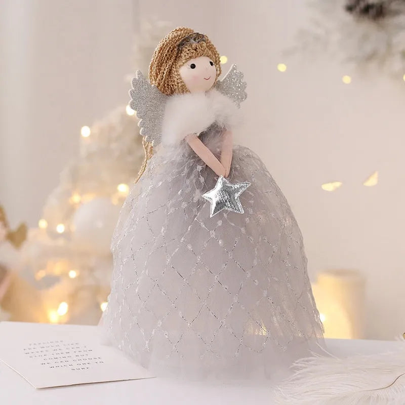 Angel girl doll ornament in non-woven fabric, 26 x 15 cm, shown in gold and light gray for festive hanging display