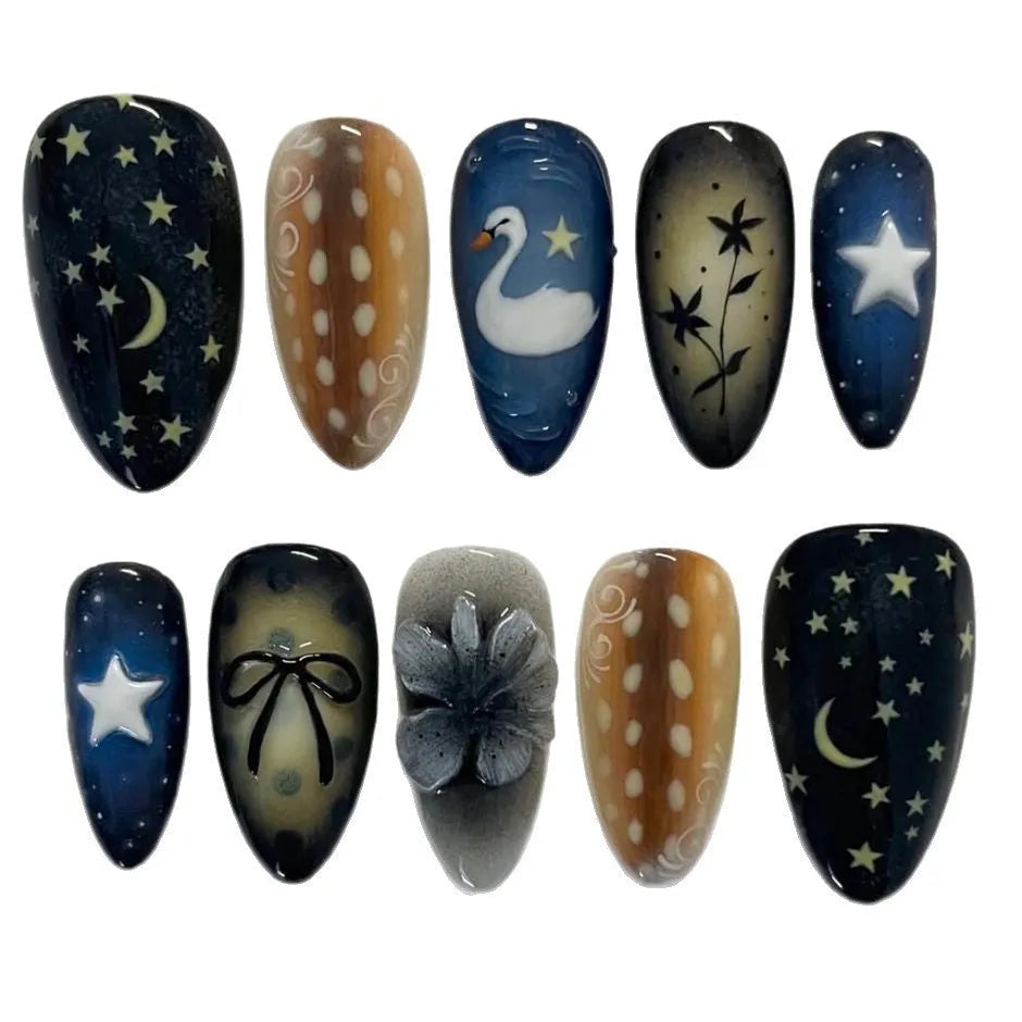 Women's French nail tip set with star moon swan bow flower pattern and glue