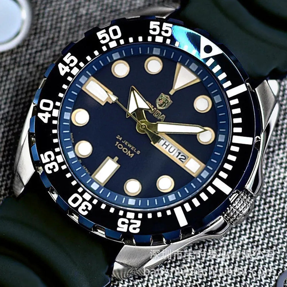 Men's waterproof watch with luminous dial and quartz movement on a steel or silicone strap.
