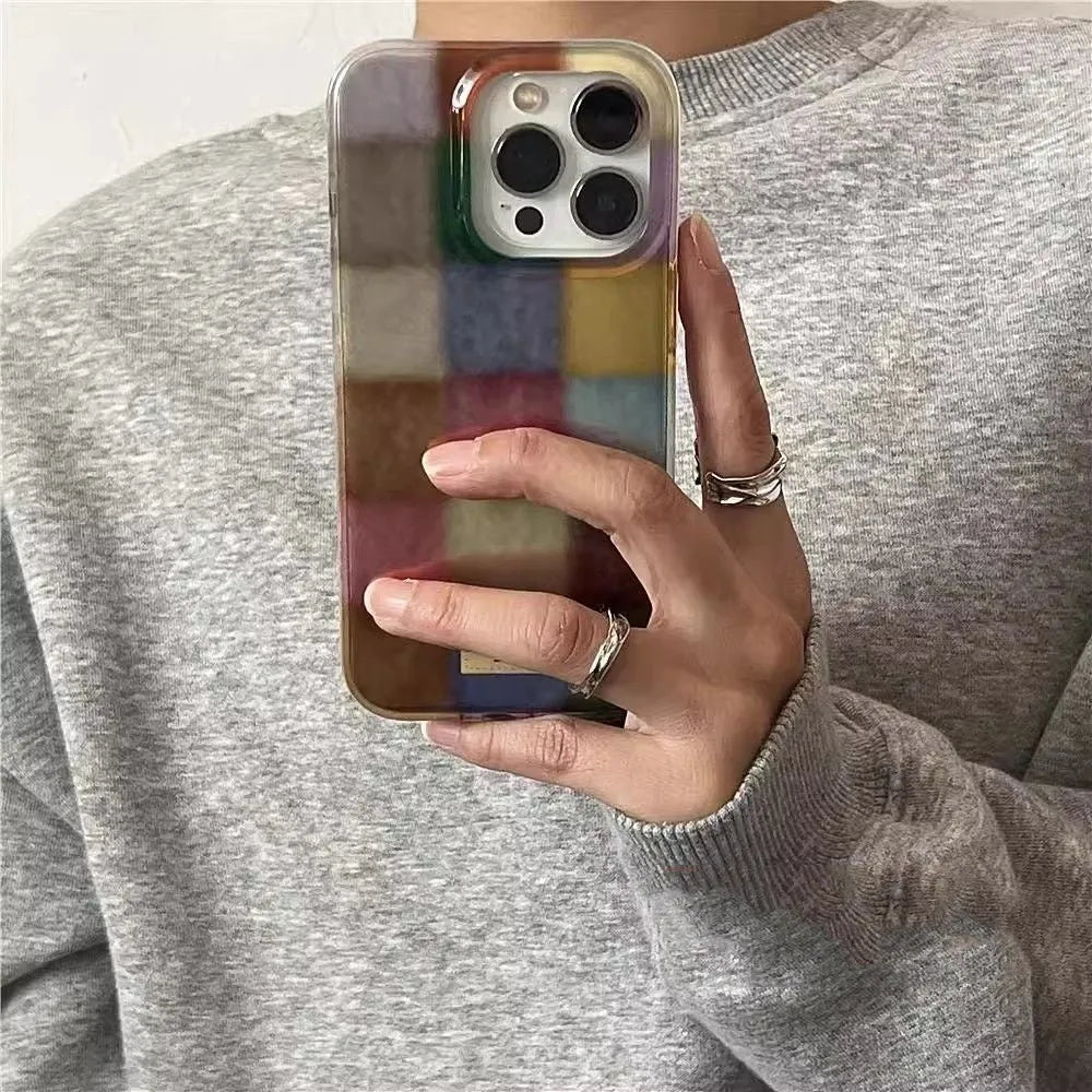 All-inclusive silicone phone case with feather yarn IMD retro small squares design for iPhone models
