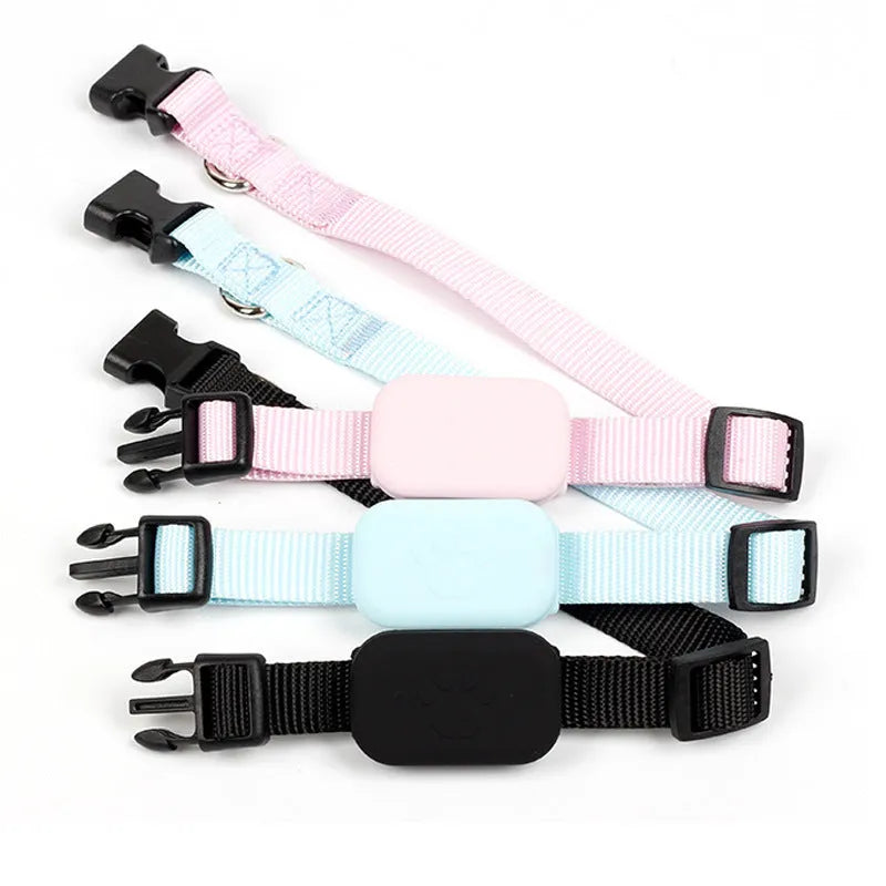 Adjustable pet GPS tracking collar with Bluetooth 5.2 in black, blue and pink colours for cats and puppies