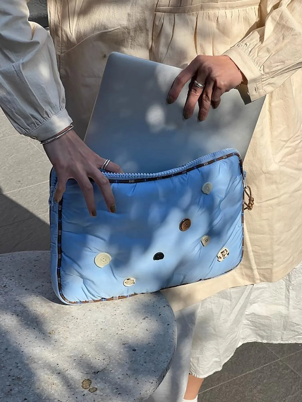 Blue and citrus plaid nylon laptop sleeve bag for 13.3 to 16 inch computers.
