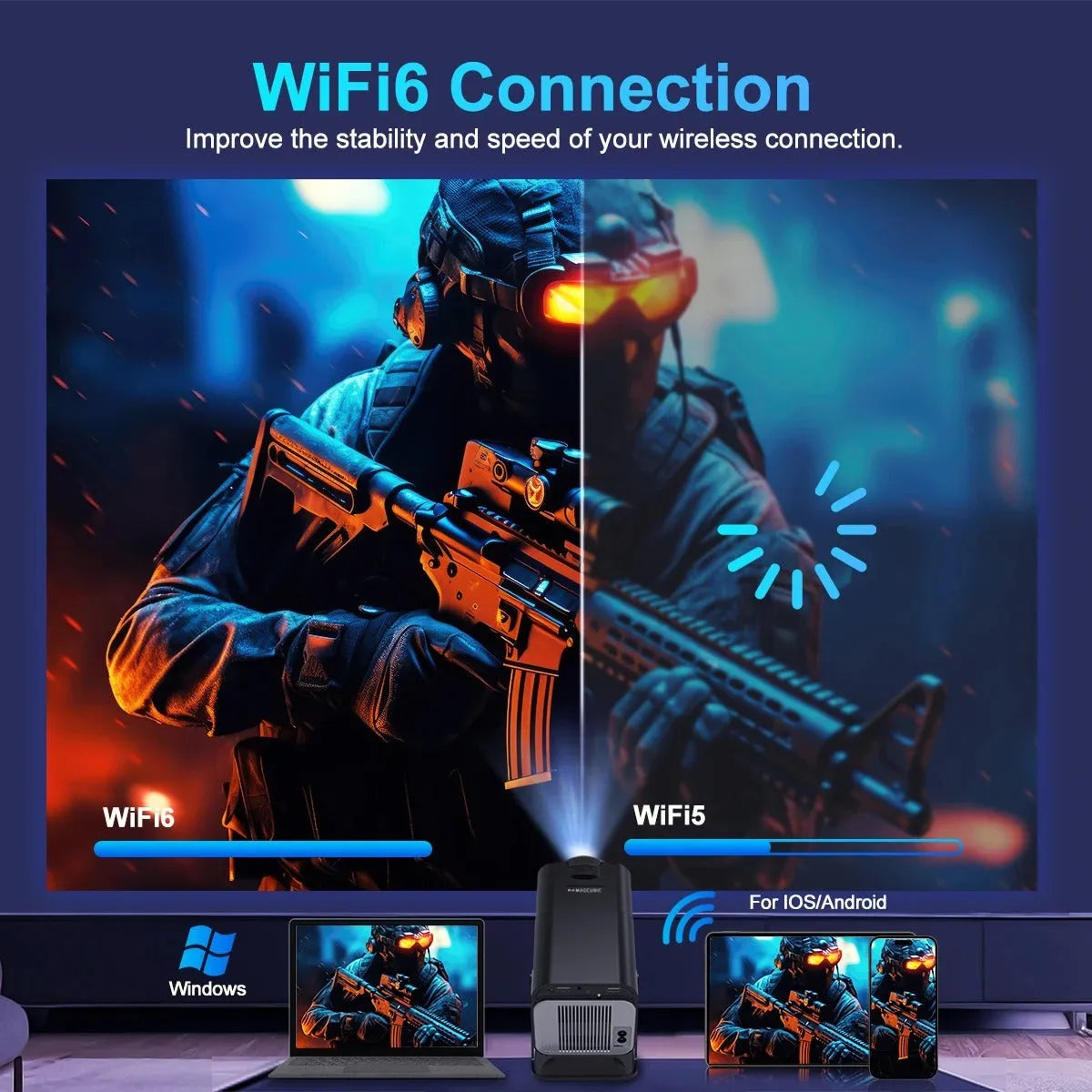 Small 1080p projector with 390 ANSI lumens, Android version, WiFi and 5G connectivity, shown with remote control and power cord.