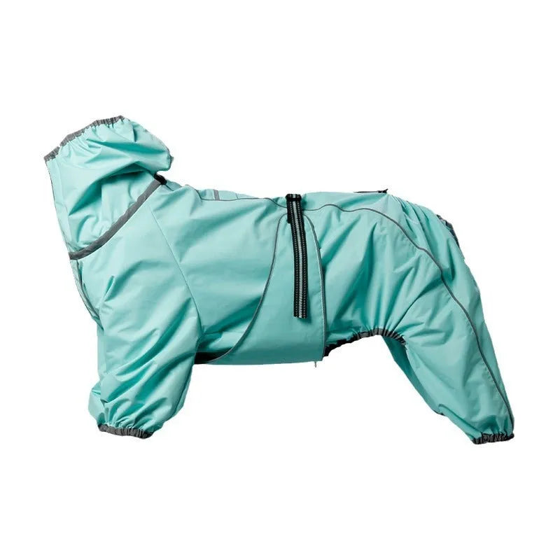 Red polyester padded dog jacket with zip front on a medium-sized dog.