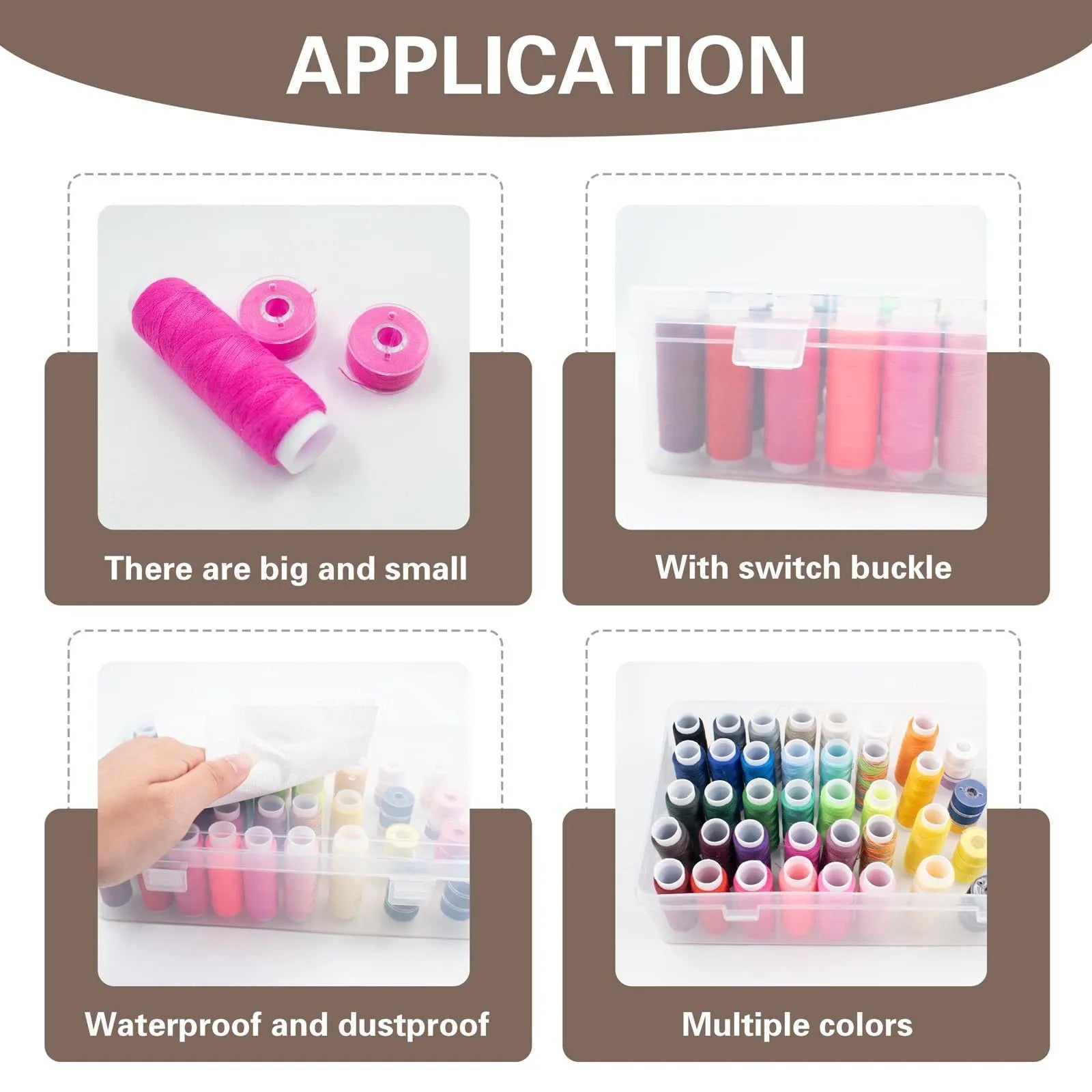 Plastic storage box with 42 compartments for organising embroidery threads and sewing kit accessories.