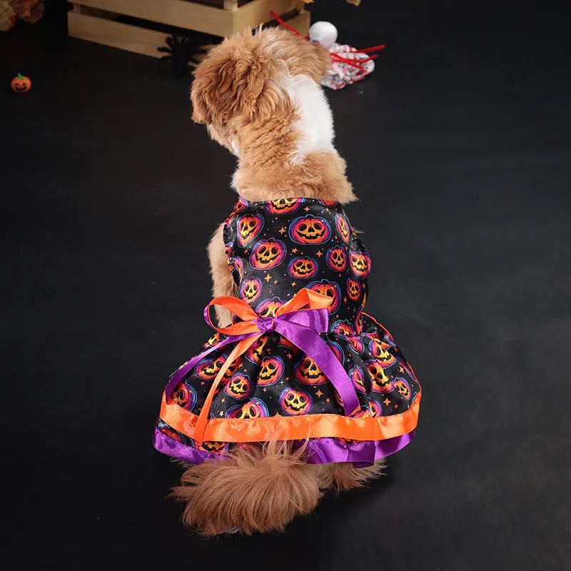 Halloween dog skirt with colourful pumpkin and skull prints, shown on a model dog.