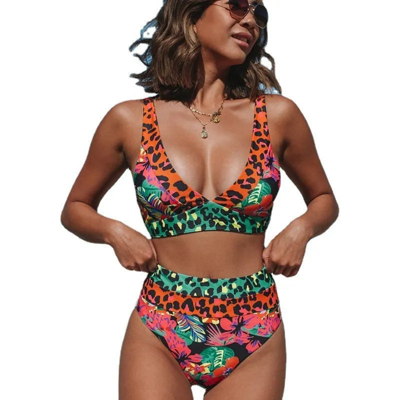 Women's floral print high waist bikini swimsuit set in colour as shown.